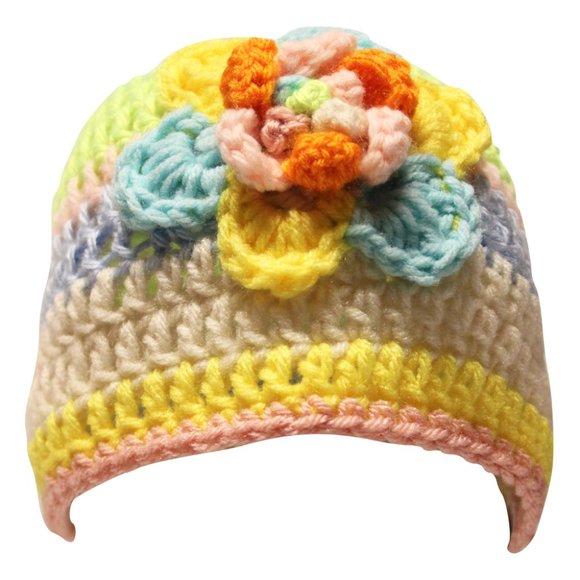 Flower Power Hats Accessories - Homemade Hand Crocheted Multicolored Pastel Flower Beanie Winter Hat